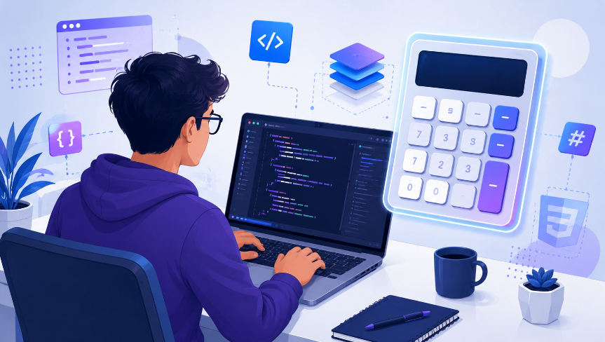 Pessoa programando uma calculadora em JavaScript em um notebook.