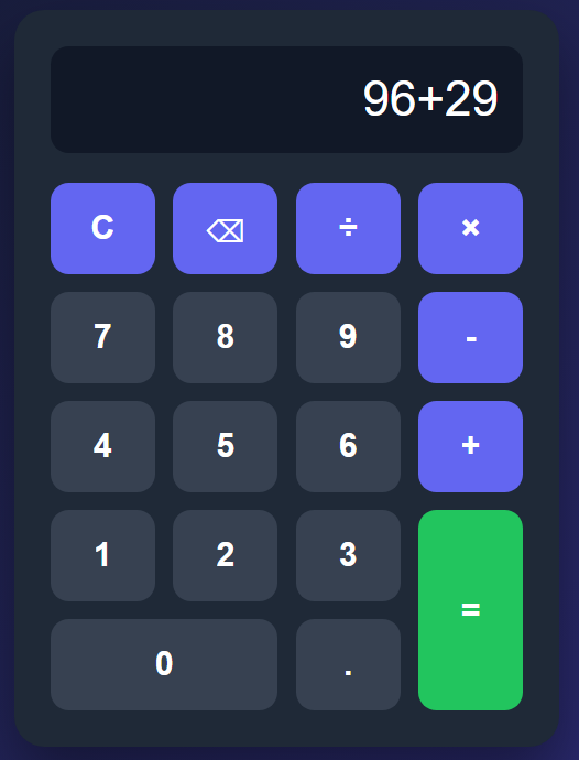 Interface final de uma calculadora escura criada com HTML, CSS e JavaScript.