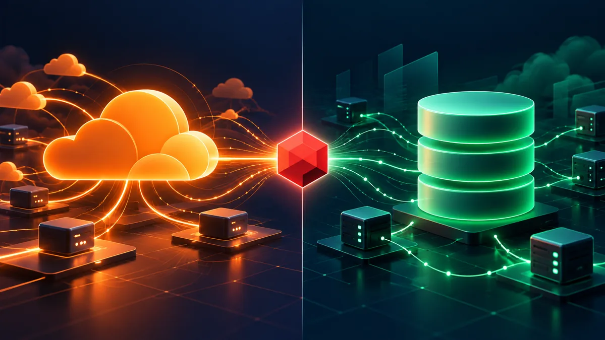 Ilustração dividida entre a nuvem da Cloudflare e uma infraestrutura de banco de dados verde, conectadas pelo Deno.