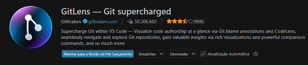 Extensão GitLens aberta na aba de extensões do VS Code.