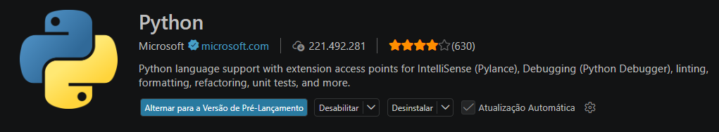 Extensão Python aberta na aba de extensões do VS Code.