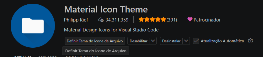 Extensão Material Icon Theme aberta na aba de extensões do VS Code.
