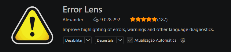 Extensão Error Lens aberta na aba de extensões do VS Code.