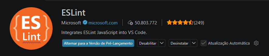 Extensão ESLint aberta na aba de extensões do VS Code.