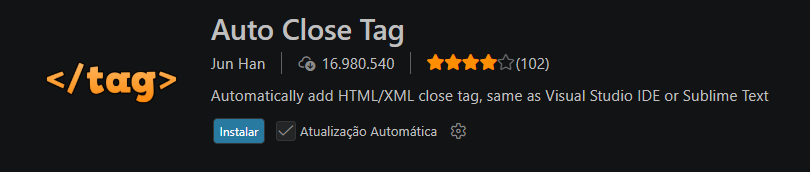 Extensão Auto Close Tag aberta na aba de extensões do VS Code.