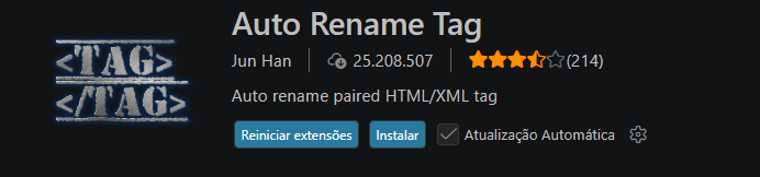 Extensão Auto Rename Tag aberta na aba de extensões do VS Code.