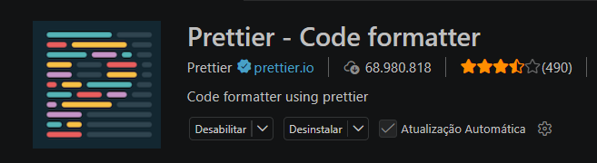 Extensão Prettier Code formatter aberta na aba de extensões do VS Code.