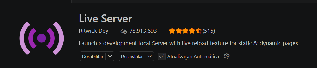 Extensão Live Server aberta na aba de extensões do VS Code.