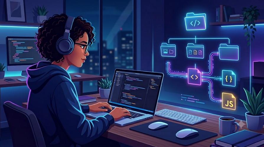 Desenvolvedor iniciante usando editor de código, terminal e ferramentas de programação.