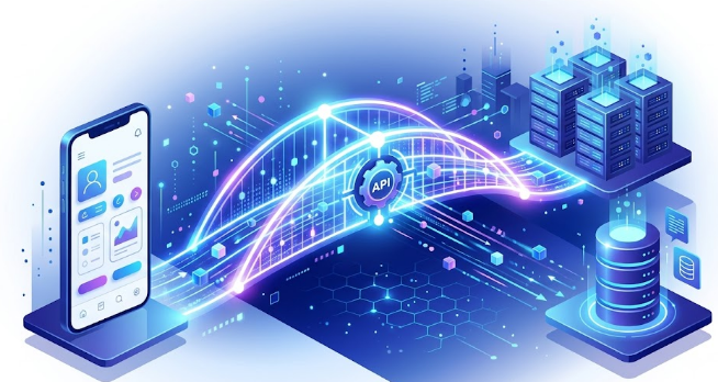 Aplicativo se comunicando com servidor por meio de uma ponte digital que representa uma API.