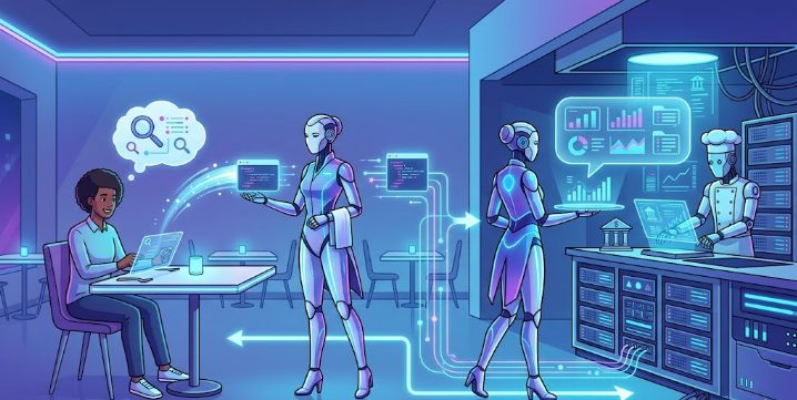 Pessoas e assistente digital usando diferentes sistemas conectados por APIs.