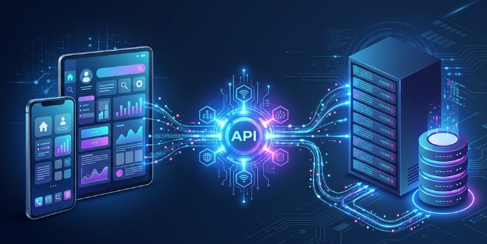 Interface de aplicativo conectada a servidor e banco de dados por meio de API.