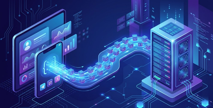 Fluxo de dados entre interface visual, API e servidor.