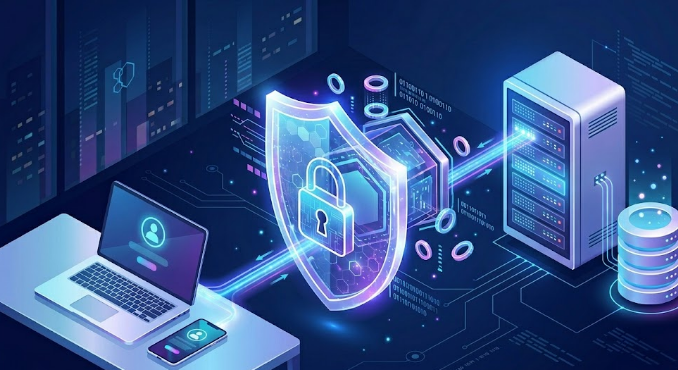 Escudo digital protegendo comunicação entre computador, servidor e banco de dados.