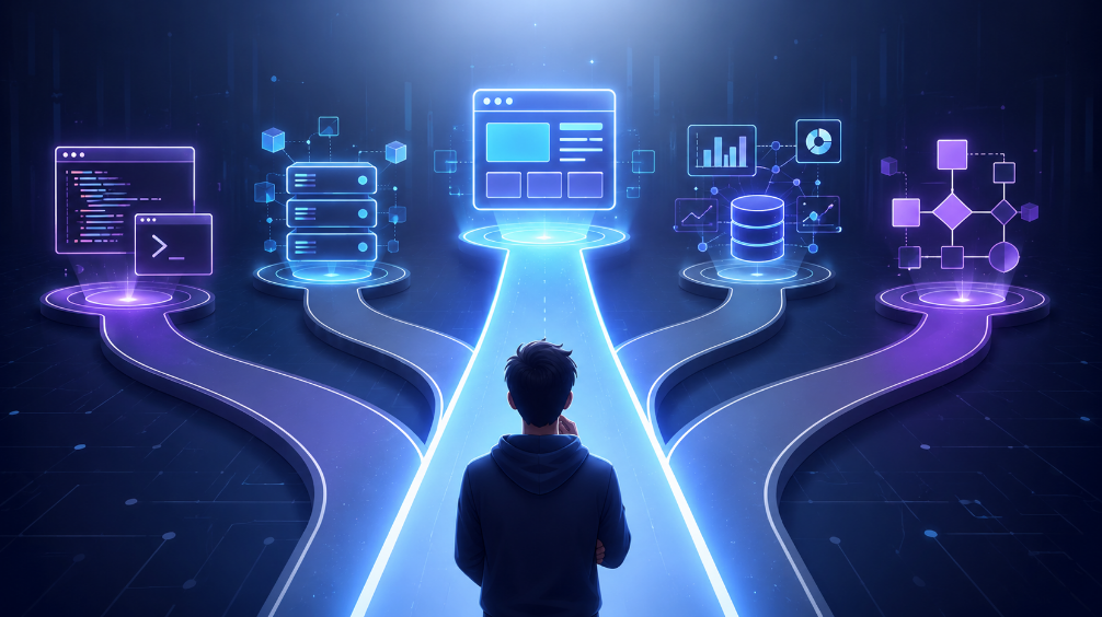 Pessoa estudando tecnologia diante de várias trilhas possíveis, como frontend, backend, dados e programação.