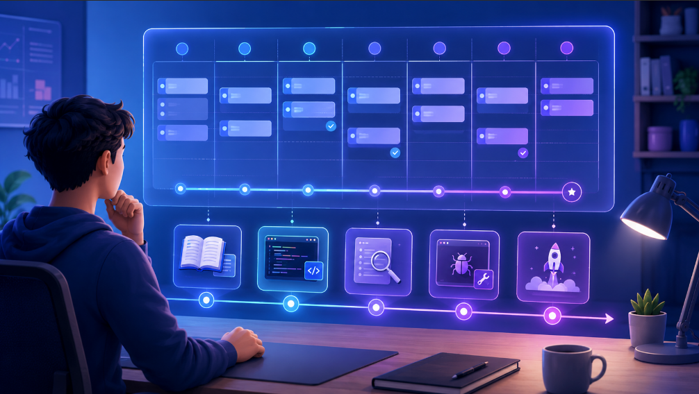 Blocos de estudo organizados como roteiro para evoluir em programação.