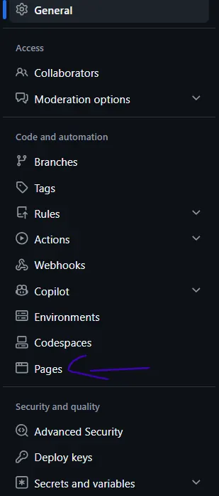 Menu lateral das configurações do GitHub com a opção Pages destacada.