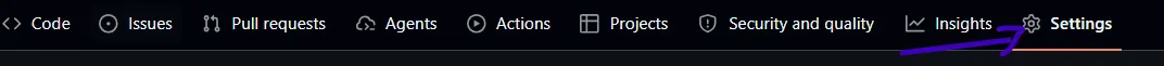 Menu superior do GitHub com a aba Settings destacada.