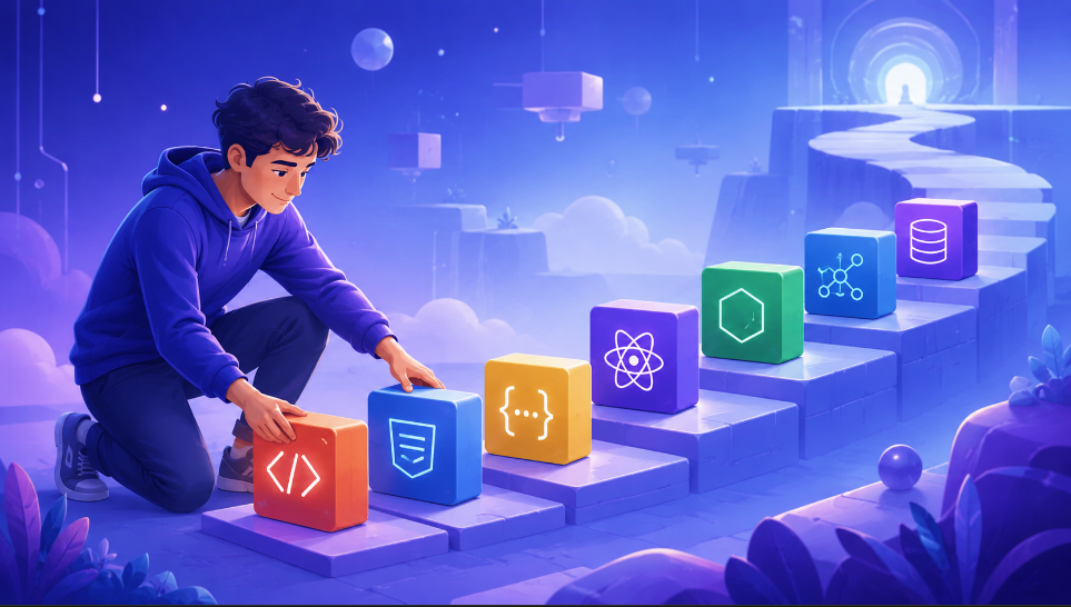 Desenvolvedor organizando blocos de HTML, CSS e JavaScript como base da programação.