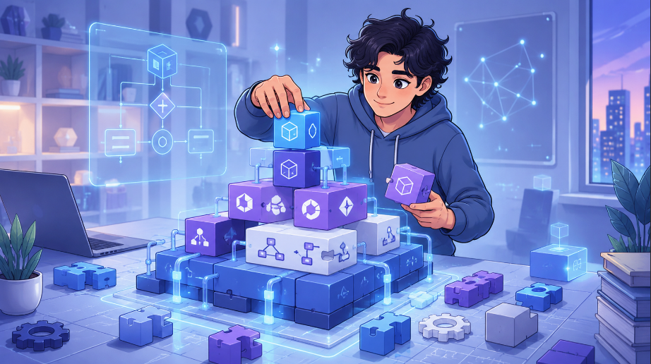Pessoa montando blocos de lógica, variáveis, funções e estruturas de programação.