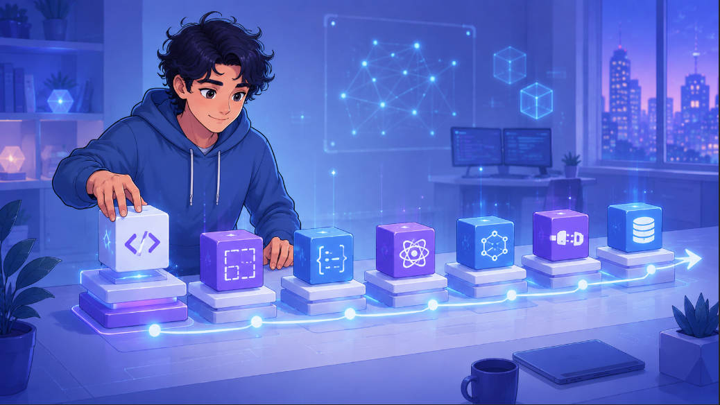Estudante escolhendo blocos de tecnologias como JavaScript, Python, HTML e CSS.
