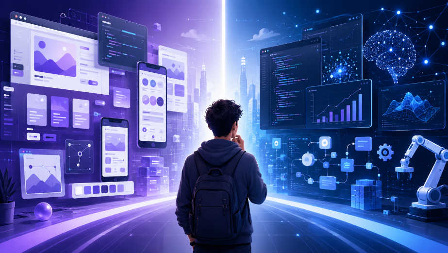 Pessoa analisando dois caminhos tecnológicos, com interfaces web de um lado e códigos, gráficos, automação e inteligência artificial do outro.