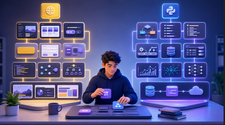 Pessoa organizando blocos de estudo para JavaScript, Python, desenvolvimento web, automação, dados e inteligência artificial.