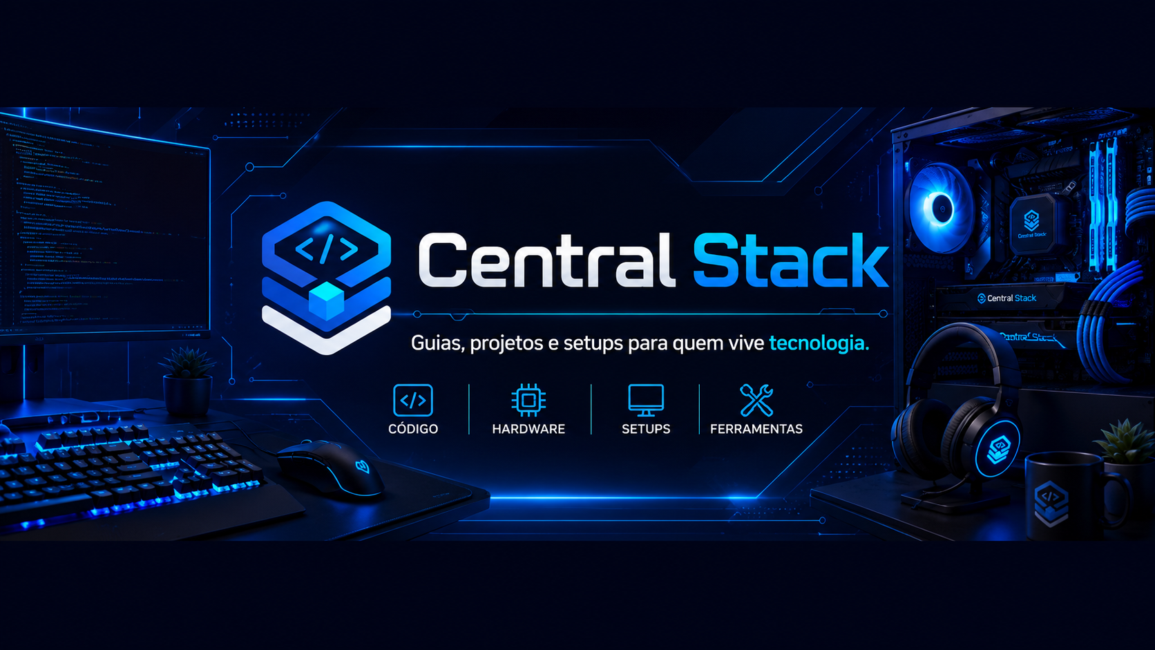 Capa da Central Stack com ambiente de tecnologia e código em azul neon